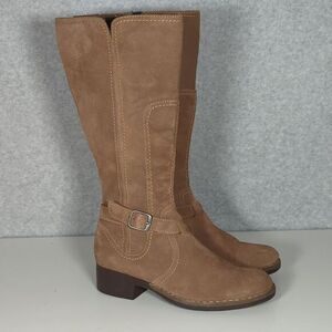 Clarks Women's Derby Palace Boot 7 Knee‎ High Taupe Suede Block Heel Buckle Tan